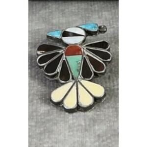 Beautiful Vtg Zuni Sterling Inlay Thunderbird Brooch. 1 1/4 X 1”